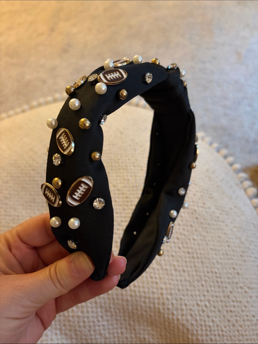 Black Embellished Football Pearl & Rhinestone Headband